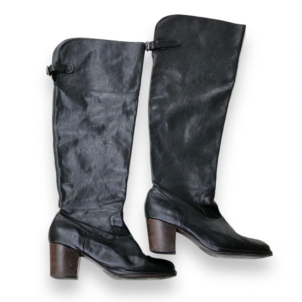 Frye Tall Boots Over the Knee Black Leather Western Block Heel Size 11 M Cowboy - Picture 1 of 16